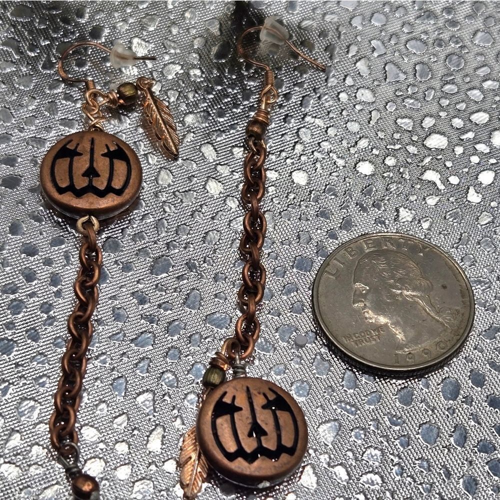 "5/$40" Handmade Pumpkin  Jack-O-Lantern Copper Mismatched Earrings 925 Wires - Picture 4 of 6